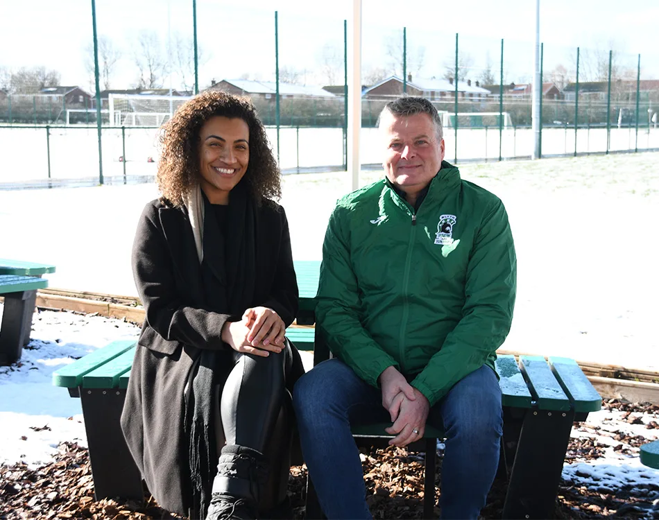 Jamilah Hassan of the Banks Group with Keith Whisson, chairman at Blyth Spartans Juniors FC