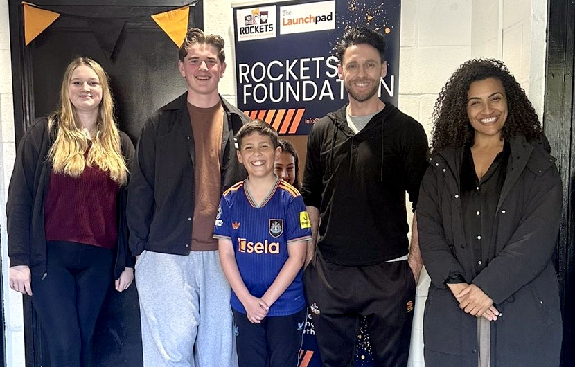 (from left) Beyond The Classroom youth mentor Ruby, participants Evan and George, Foundation lead Steve Beaty and Jamilah Hassan of the Banks Group